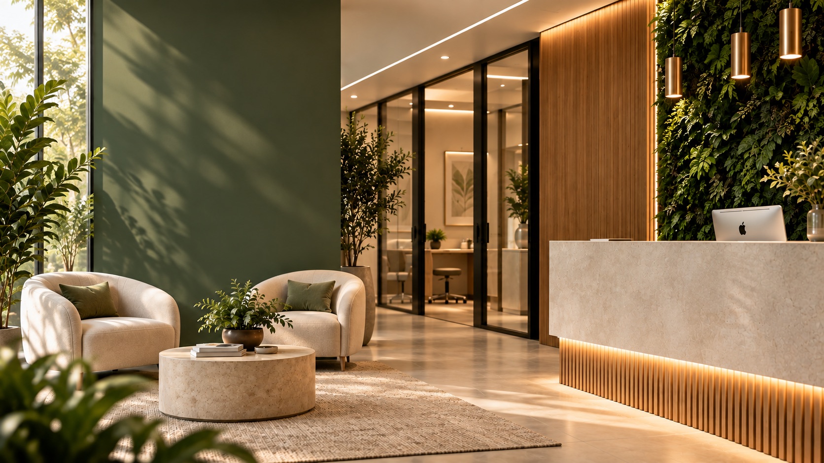 Sunlit SenSysHealth clinic reception with green walls and warm wood
